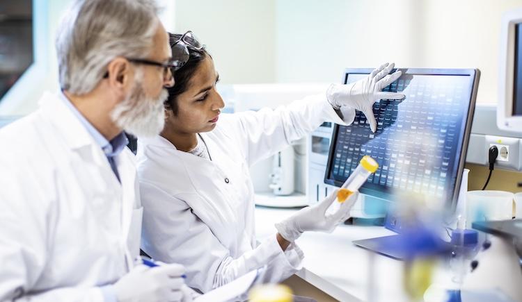 Two researchers examining a screen.