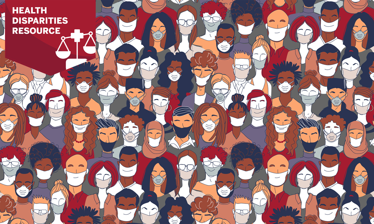 A graphic of diverse faces wearing masks