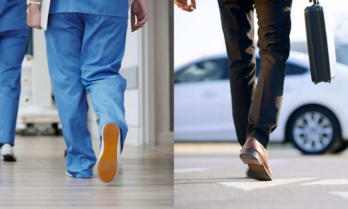 [left] Health care professional walking down a hallway, [right] person in suit with briefcase walking towards car