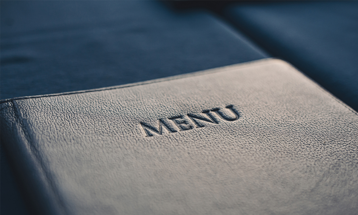 Leather menu with the word 'menu' embossed